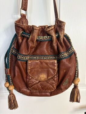 Vintage Bohemian Roxy Brown Faux-Leather Drawstring Bucket Bag